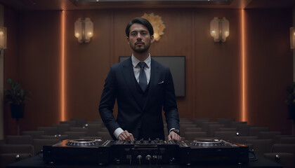 Professional Male DJ in Dark Suit Working at Console Against Empty Venue Background