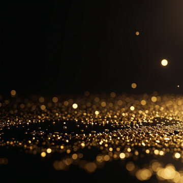 Golden sparkling dust bokeh floating above dark background 