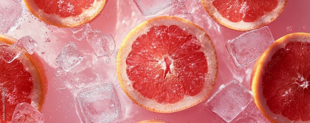 Poster slices of ruby red grapefruit floating among ice cubes in a sparkling pink lemonade, creating a refr