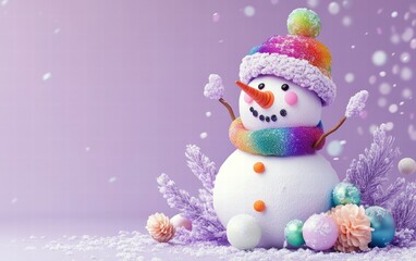 A whimsical snowman with rainbow-colored decorations on a lavender background