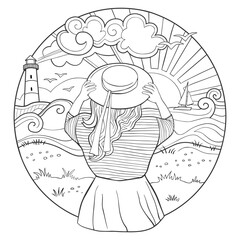 A dreamy girl in a hat by the seaside. Page of coloring book. Vector illustration isolated on white background.