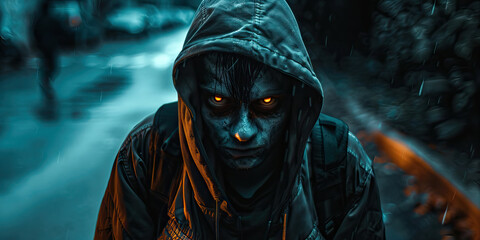 Hooded Figure with Demonic Makeup in Urban Setting