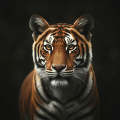Fototapeta premium Illustration réaliste d’un tigre imposant sur fond noir contrasté.