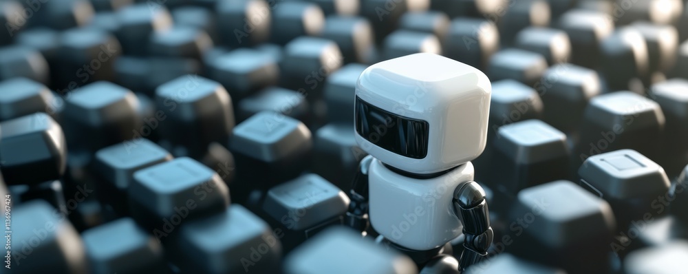 Poster unique white robot standing out in a crowd of identical cubes