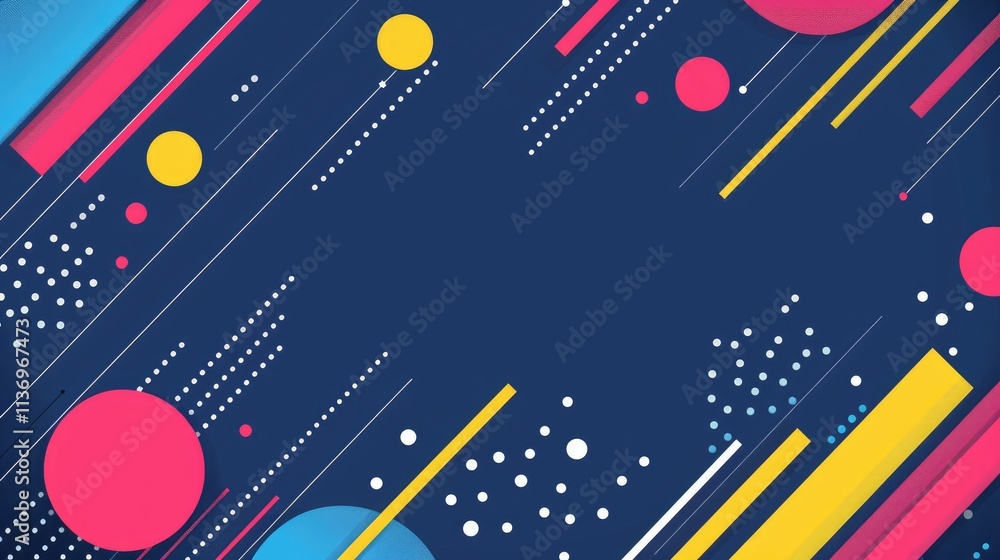 Poster abstract graphic design featuring colorful shapes and lines on a dark background.