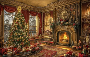 Obraz premium Festive Victorian-style room with an ornate fireplace, a lavishly decorated tree, and a train set circling around the presents