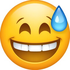 A smiling yellow emoji face with a large grin and a single blue teardrop