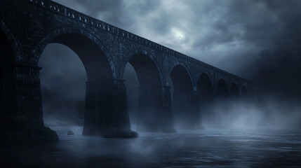 Fototapeta premium A gothic bridge crossing a dark river, with arches that seem to stretch endlessly, shrouded in mist and faintly glowing from beneath.