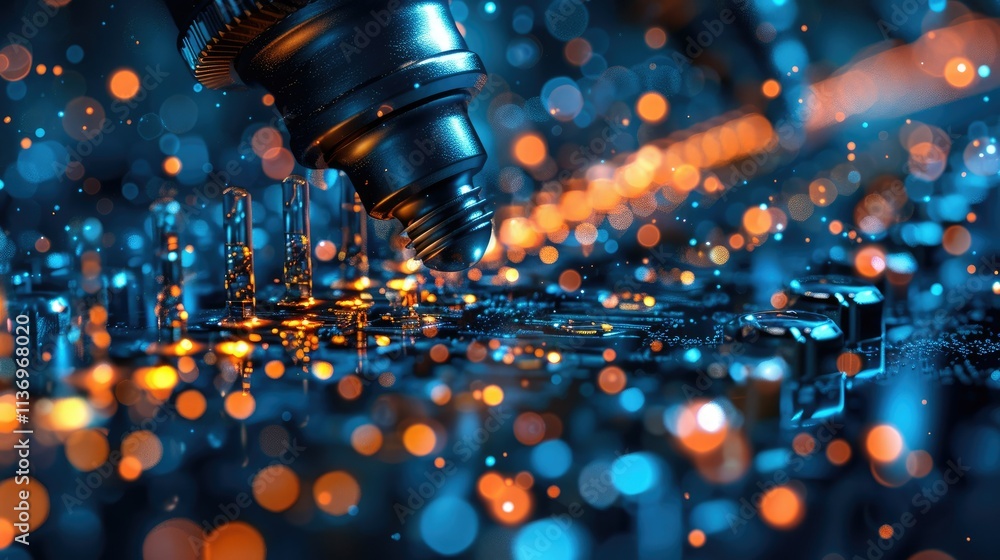 Poster a close-up view of a circuit board with vibrant lights and a tool applying precision.