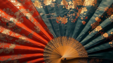 Ornate Hand Fan with Red and Green Silk Panels