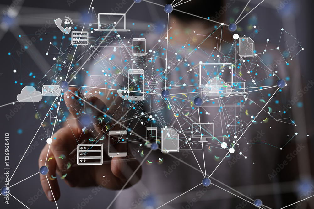 Poster database data Cloud technology. Integrated digital web concept background