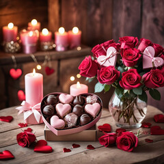 Romantic Valentine's Day scene with red roses, heart-shaped chocolates, candles, and decorative hearts. Perfect for greeting cards, invitations, posters, scrapbooking, and festive designs.