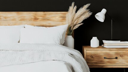   A bed adorned with a white comforter, plush pillows, and a wooden nightstand topped with a lamp