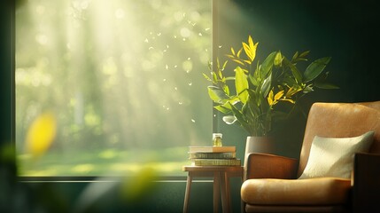   A chair sits in front of a window, next to a table with a potted plant on top of it