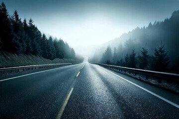 Road in green forest in rainy summer day. Beautiful mountain roadway, tress, grass, Landscape with empty highway through the wood in spring.