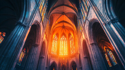 A gothic cathedral with soaring arches and stained glass windows, bathed in a mystical glow from the setting sun.