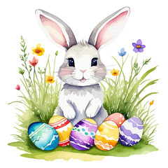 Watercolor hand drawn painting of a adorable Easter Bunny with vibrant Colorful Easter Eggs in the meadow grass. Vector illustration isolated on white background