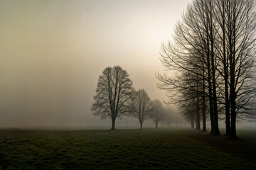 Misty landscape with fir forest in hipster vintage retro style