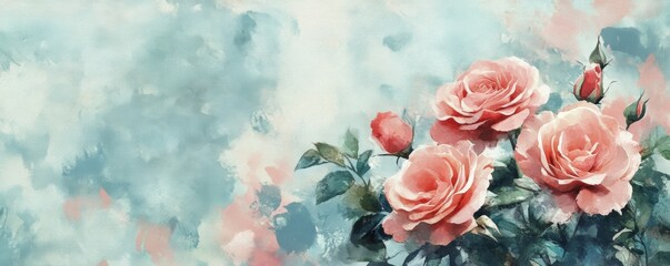 Vintage Watercolour Artwork with Floral Blooms. Antique Roses with Watercolour Texture and copy-space.