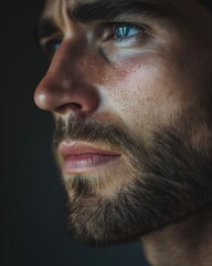 A White man with a stubble appears lost in thought, expressing sadness in a softly lit indoor setting during evening hours