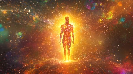 Glowing human figure in vibrant cosmic space.