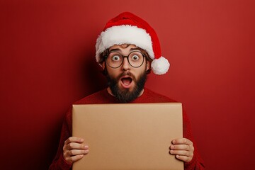 Young man astonished in a red christmas cap, with wrapped box. Yule marketing concept visual for avenue poster and digital use. Santa claus graphics. Santa claus scene. Christmas joy poster.