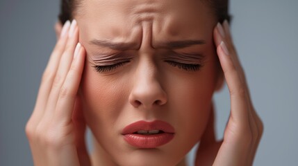 A White woman appears overwhelmed with sadness, holding her head in an indoor space filled with soft, natural light