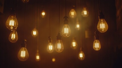 Warm-toned Edison bulbs hang in dark space.