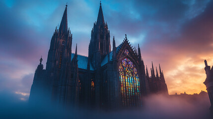 Naklejka premium A Gothic cathedral with towering spires, stained-glass windows, and an ethereal mist swirling around its base at twilight.