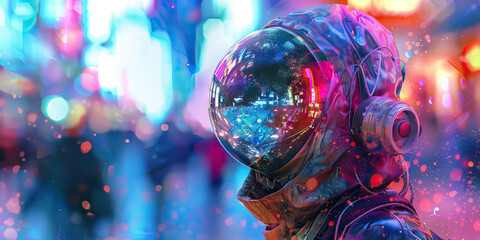 Astronaut Helmet Reflecting City Lights at Night