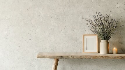   Wooden table with vase, flowers, & picture frame next to lit candle