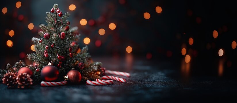 Minimal Christmas Concept, Tree and Candy Canes Against a Dark Background