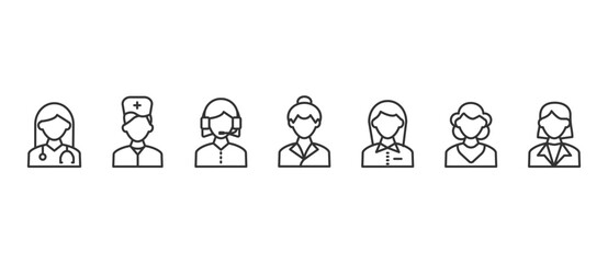Various woman professions. Various human character jobs. Premium quality outline symbol collection. Simple mono linear pictogram pack. Editable stroke vector in transparent background.