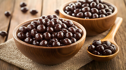 Fototapeta premium Delicious dark chocolate candies in wooden bowls on rustic wooden table. Sweet treat, confectionery, gourmet.