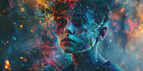 Abstract Portrait with Color Splashes and Light Effects
