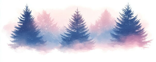 Obraz premium Winter Trees Silhouetted in Pink and Blue Fog. Atmospheric, Snow covered Woodland scene. Seasonal Banner.