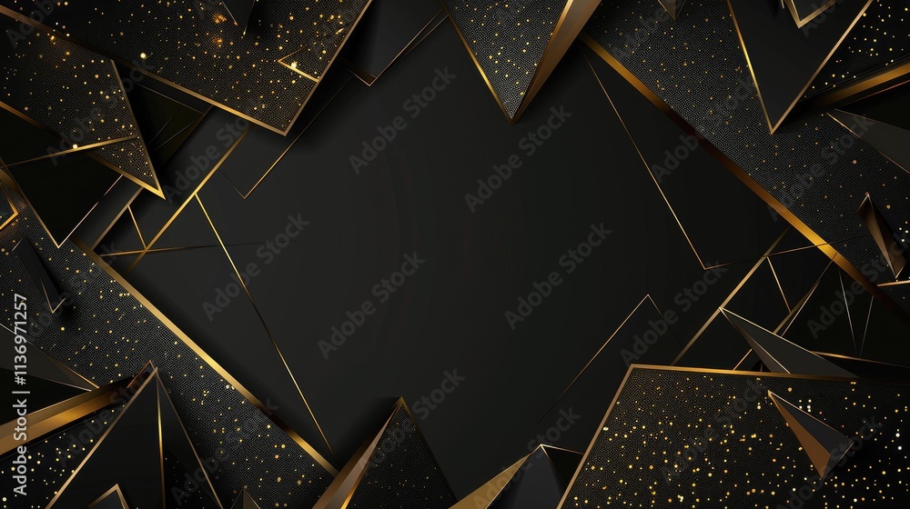 Poster a stylish black and gold abstract background with sharp geometric shapes.