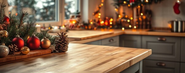 Wooden kitchen counter with festive decorations and warm lighting