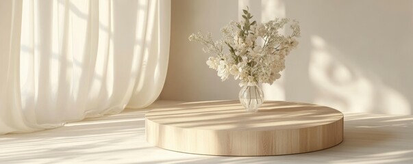 Wooden round beautiful grain podium table, flower bouquet in a round vase in sunlight with a white curtain, window on the cream