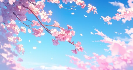 A serene scene of cherry blossoms against a clear blue sky, evoking tranquility and beauty.