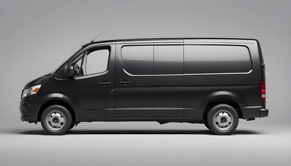 A black cargo van with a blank side panel, parked on a plain background