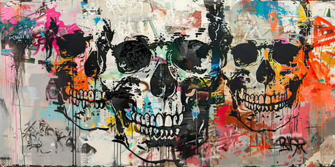 Collage Artwork with Three Overlapping Skulls and Graffiti