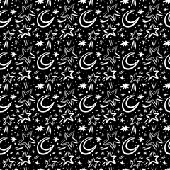 Black and white seamless pattern with moons and stars. Decorative festive background. 