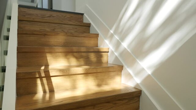 Modern staircase with wooden steps and glass railing. Sunlight casting shadows on steps and creating interesting play of light and shadow. Contemporary interior