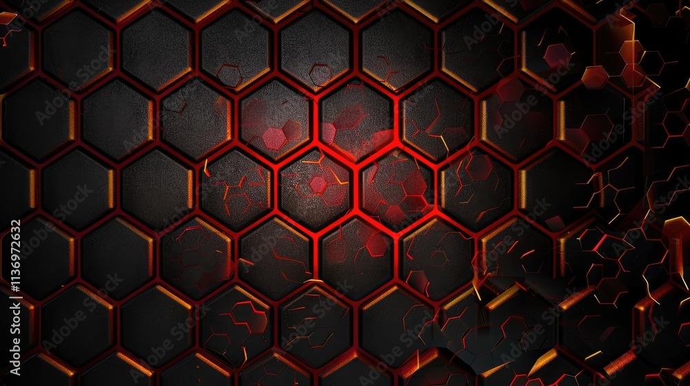 Poster a dark hexagonal pattern with glowing edges and cracks, creating a modern, dynamic background.