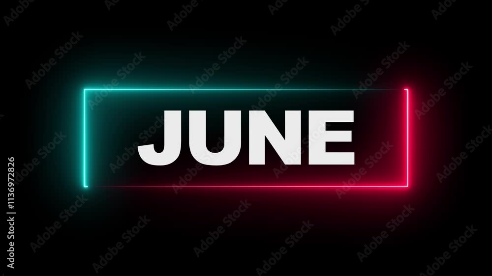 Poster abstract june text icon animation. neon shine month name june text sign icon animation on isolated o