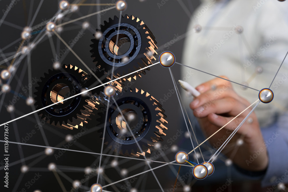 Poster network holding in hand 3d connection data