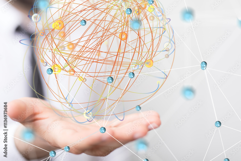 Aufkleber Global network. Blockchain. 3D illustration. Neural networks and artificial intelligence. Abstract