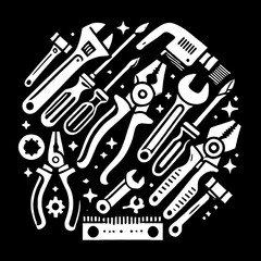 illustrations, vector, silhouette, black and white, construction, screw, scissors, tools icon