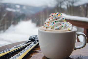 White mug of hot cocoa with whipped cream and sprinkles on a rustic table, skis leaning nearby against a snowy slope on an overcast winter day. Generative AI tools